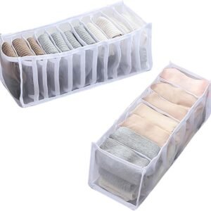 2 Pcs 11 Grids 7 Grids Underwear Drawer Organisers Sock Drawer Organizer Divider Underwear Storage Boxes Foldable Closet Dresser Drawer Organizer for Storing Socks White
