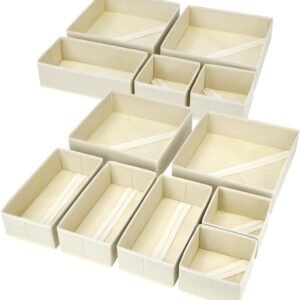 Drawer Organizer Clothes, 12 Pack Dresser Organizer, Foldable Closet Organizers and Storage, Fabric Dresser Bins, Drawer Dividers for Nursery, Baby Clothes, Underwears, Sock (Beige)