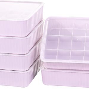 15 Cells Plastic Underwear Sock Drawer Organizer with Lid, Lidded Storage Box with Dividers for Bras and Socks, Basket for Closet, Stackable, Pink, 15 Compartments (31 x 24 x 8 cm)