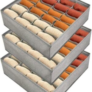 Sock Organizer Closet Storage Box, Gray, 3 Pack, 24 Compartment | Foldable, Non-Woven, Stackable, For Bedroom Dorm Wardrobe