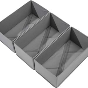 Sock Drawer Organizer 3 Pack - Collapsible Fabric Storage Bins for Underwear Divider, Small Closet Organizers with 3 Compartments, Gray