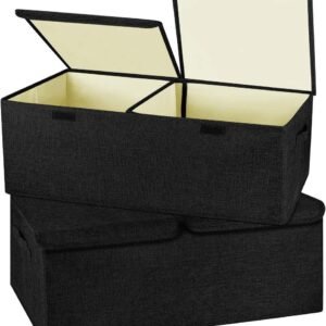 2 Pack Large Linen Fabric Collapsible Storage Bins with Lid and Handles, Washable Storage Box Baskets Cube with Removable Divider for Bedroom,Closet,Office,Living Room,Nursery (Black, Small)