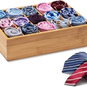 Bamboo Closet Drawer Divider - Storage Organizer with 15 Compartments, Drawer Organizer, Storage Box for Belts, Ties, Bras, Briefs, Socks & Jewelry - Natural