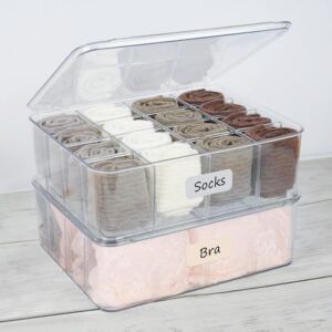 2-Pack Acrylic Sock and Underwear Organizer with Blank Label, Clear Plastic Organization and Storage Bins with Lid and Removable Dividers, Storage Box for Closet