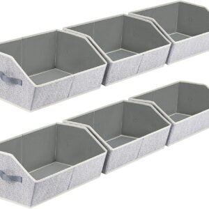 Closet Organizers Bins 6 Packs - Large Closet Shelf Organizer with Handles, Fabric Trapezoid Storage Bins, Collapsible Storage Cubes for Clothes, Towels, Light Gray