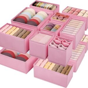 Drawer Clothing Organizer 16-Pack,Fabric Pink Underwear Dividers | Multiple sizes Folding Wardrobe Organizer,Storage Bins Store Baby Clothes, Bras, Underwear,Panties,Belts,Socks,Ties