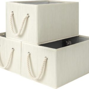 Storage Baskets for Shelves, Fabric Storage Bins, Closet Organization and Storage Basket, Foldable Organizer Bins for Clothes, Beige, White & Ivory, Large, 3-Pack