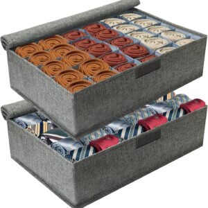 Gray Sock Organizer Divider 2 Pack with Lid - 30 Cell Foldable Closet Storage, Tie Organizer For Men Boxes for Socks, Ties, Belts