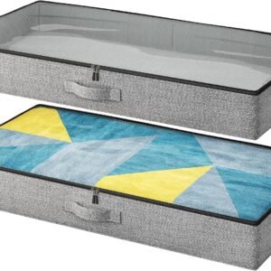 2-Pack Under Bed Storage Containers, 4.5 Inches Tall Clothes Storage, Grey | Low Profile Collapsible Underbed Organizer Bin with Sturdy Sidewalls/Bottom, Cotton-linen, For Seasonal Clothes & Bedding