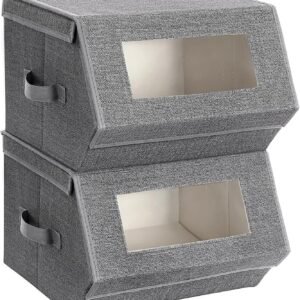 Stackable Storage Bins Set of 2, Storage Boxes with Lids and Front Windows, Non-Woven Fabric Closet Organizers with Magnetic Closures, Side Handles